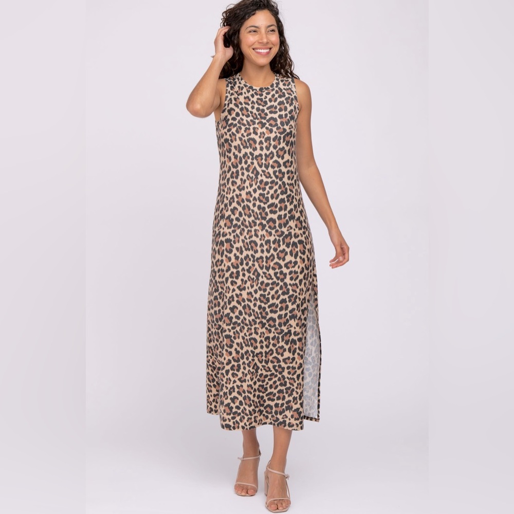 NWOT Pink Blush Maternity Brown Animal Print Sleeveless Maxi w/ Side Slits - S